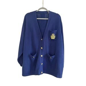 Vintage‎ 1980s Oversized Blue Cardigan Gold Crest Preppy Old Money Academia XL